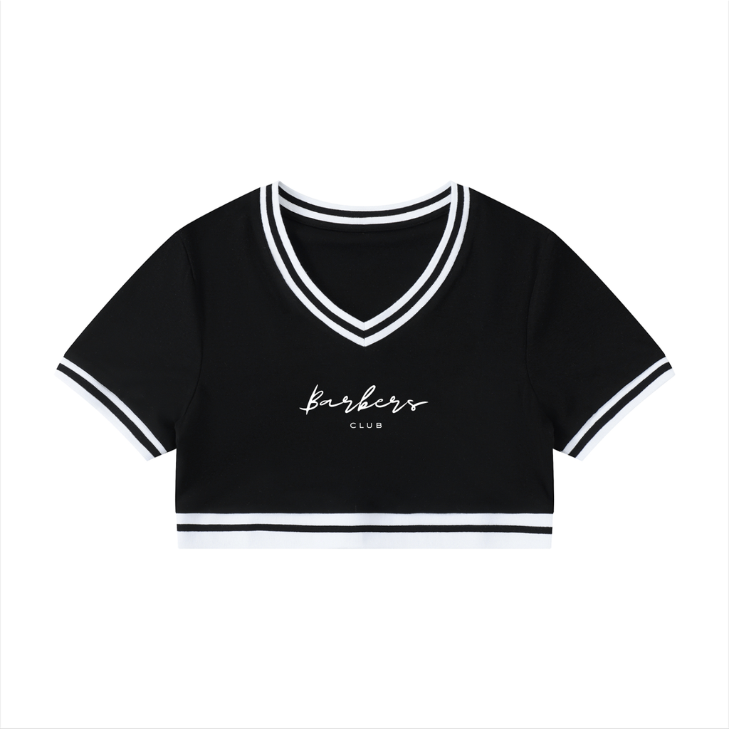 “BARBERS CLUB” WOMENS BLOCK V-NECK CROP T-SHIRT