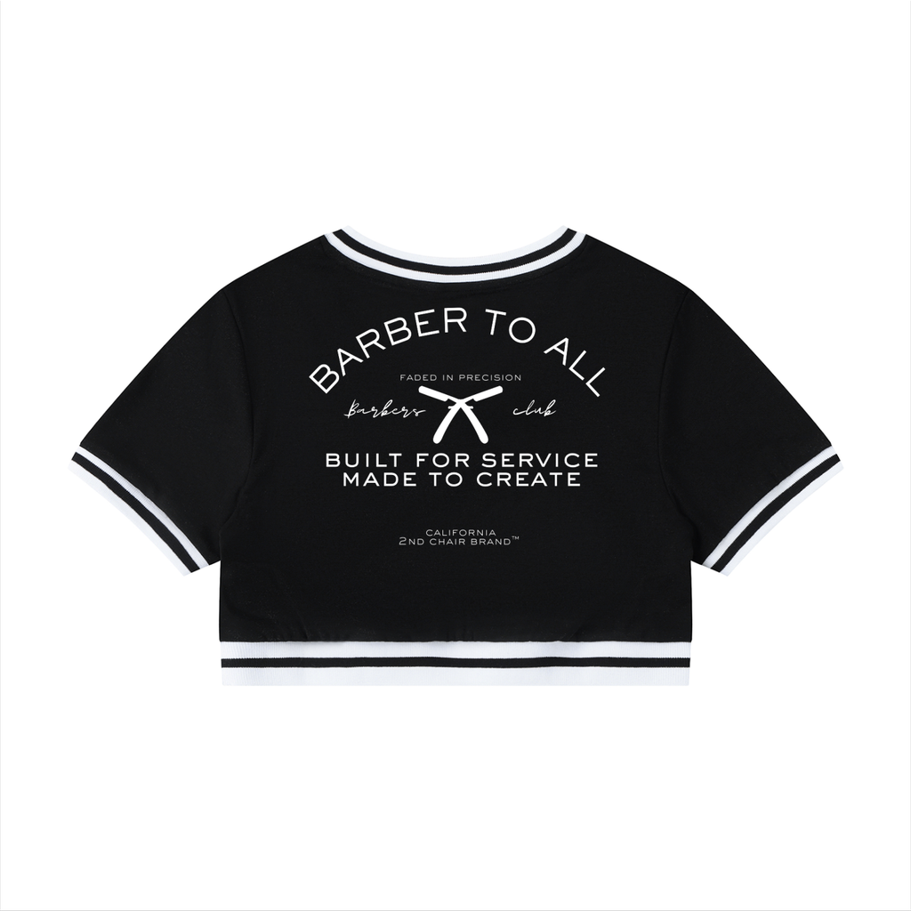 “BARBERS CLUB” WOMENS BLOCK V-NECK CROP T-SHIRT
